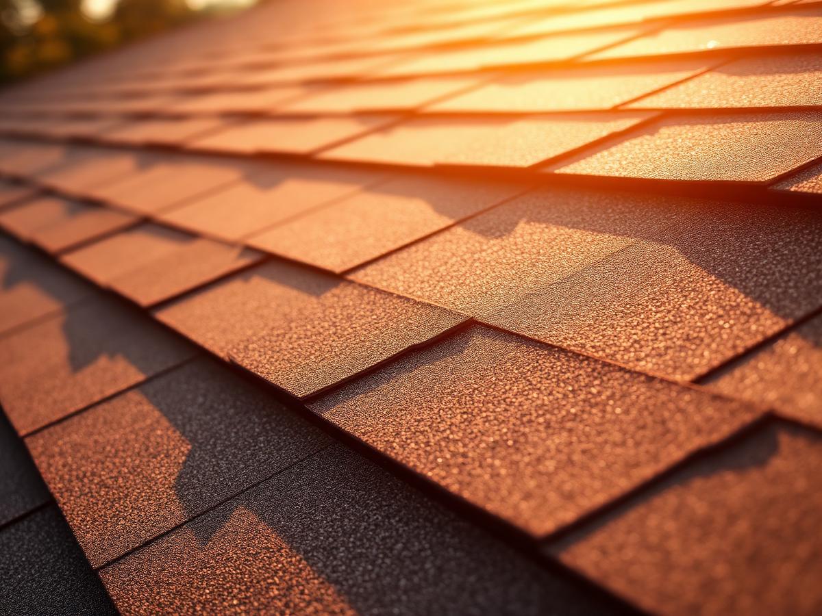 Detail of asphalt shingle granules in warm sunlight